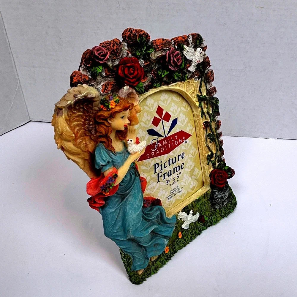 Vtg 90s Guardian Angel Resin PhotoFrame Dove Floral Roses Garden Victorian Fairy